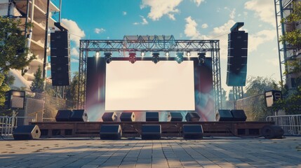 Stage modern rigging large outdoor concert with beam lights, sound system and white blank screen...