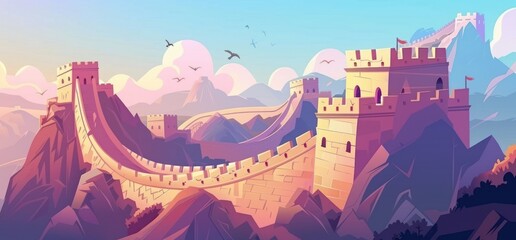 Fototapeta premium Great Wall of China depicted with other famous landmarks in an artistic travel-themed illustration.