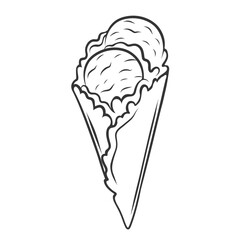 Ice cream balls in waffle cornet icon, doodle sundae scoop serve. Funny retro sketch of gelato in wafer cone for eating. Summer refreshing food mascot, hand drawn ice cream icon vector illustration