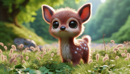 Adorable 3d furry deer with big eyes on grass in a forest