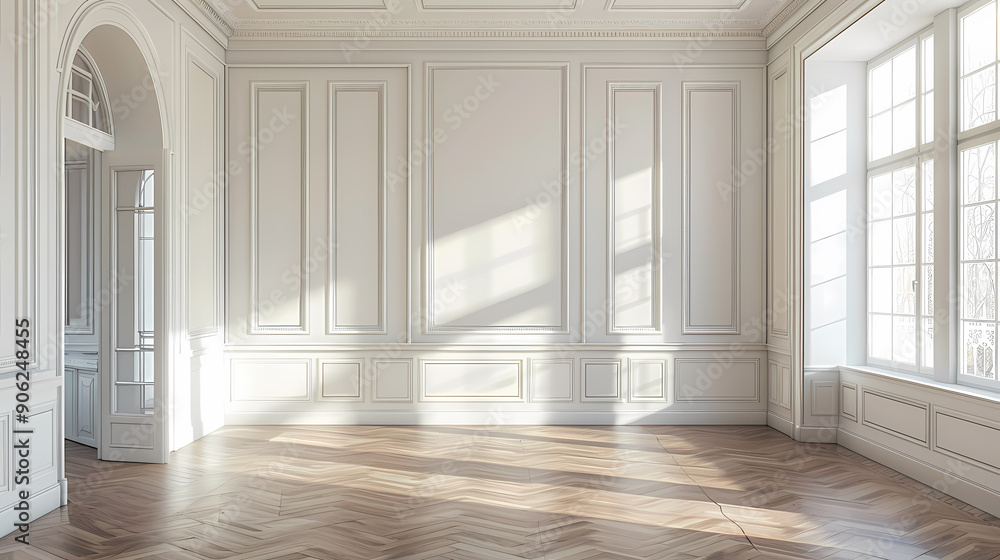 Wall mural sunlight streams through a large window in a spacious, white-walled room with intricate paneling and