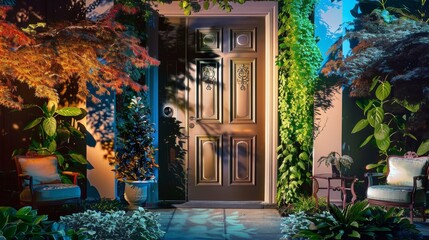 Fototapeta premium A Glowing Entrance to a Home Surrounded by Lush Greenery