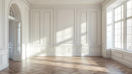 Sunlight streams through a large window in a spacious, white-walled room with intricate paneling and a herringbone wood floor.