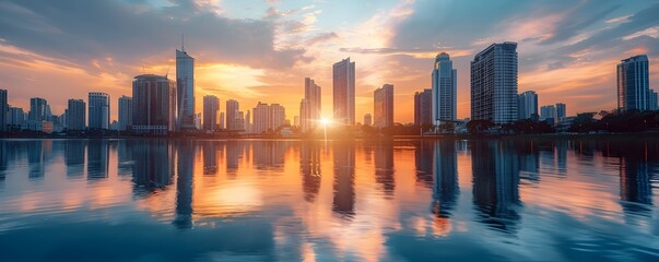 Obraz premium Stunning Cityscape with Skyscrapers Reflecting in Calm River at Sunset
