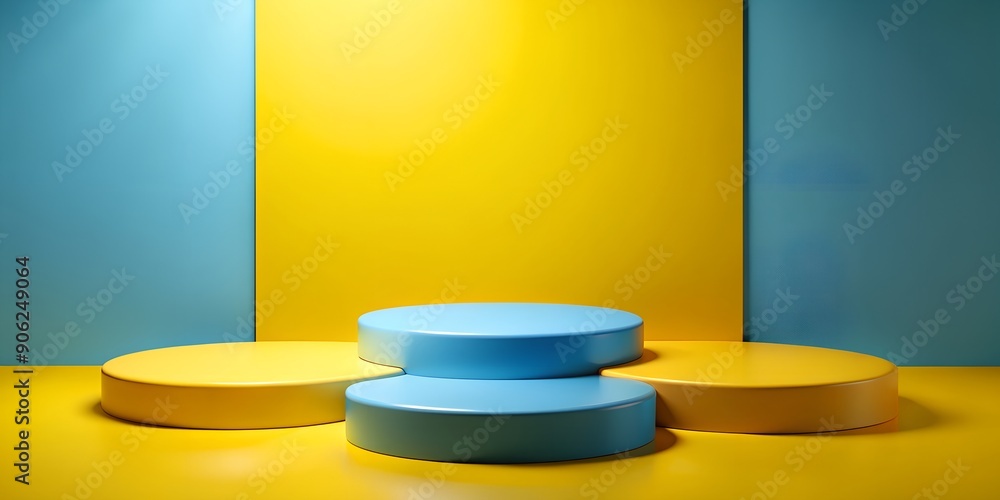 Aufkleber three round podiums in yellow and deep blue tones on an empty background ai generative