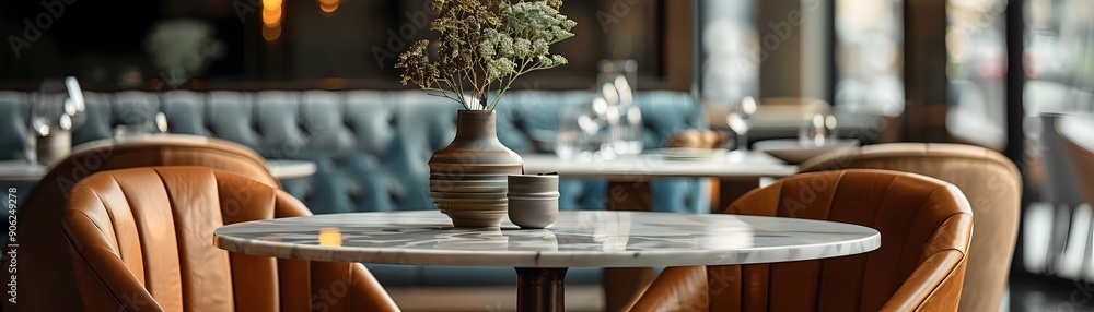 Poster elegant round marble table in sophisticated dining area for product concept display