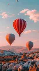 Naklejka premium Colorful hot air balloons ascend above unique rock formations and valleys at sunrise in Cappadocia