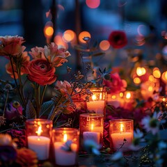 Candles and flowers in tribute to victims of terrorism, commemorating International Day of Remembrance and Tribute to the Victims of Terrorism