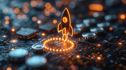 Businessman with digital interface with rocket startup, graph, diagram. Dark background