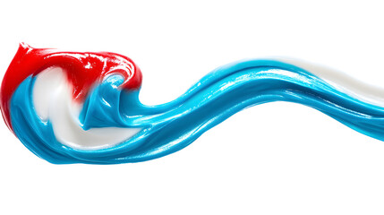 Smear and swirl of whitening toothpaste. Striped blue red and white colors oral gel isolated on white background