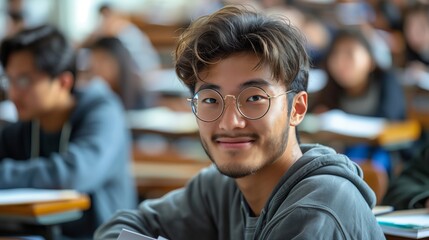 Fototapeta premium A smiling young male student sitting in an auditorium filled with other students