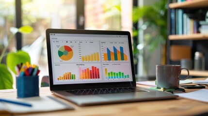 Analyzing Social Media Engagement Metrics on Laptop Screen with Colorful Data Visualizations in Office Setting