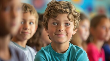 Obraz premium A young boy smiles while sitting among classmates in an active classroom filled with color and energy