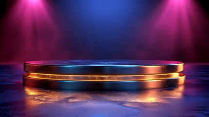 Luxurious circular podium, stage for advertising product demonstrations. Neon lighting.