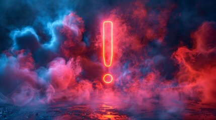 Exclamation point neon on dark background, copy space