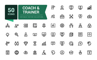 Coach and trainer icons set. Outline set of coach vector icons for ui design. Outline icons pack. Editable vector line icon set and illustration for web and UI application.
