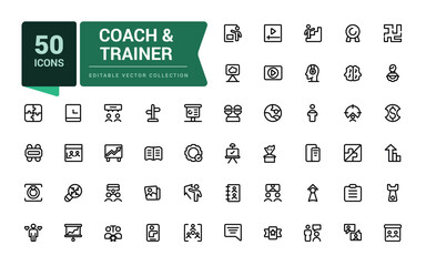 Coach and trainer icons set. Outline set of coach vector icons for ui design. Outline icons pack. Editable vector line icon set and illustration for web and UI application.