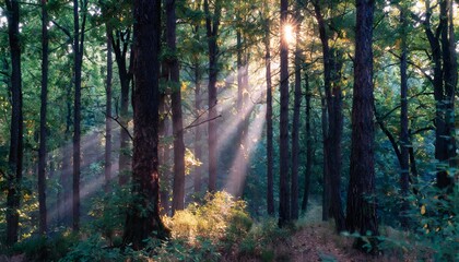 Obraz premium Green forest trees with sunbeams and deep woods sun rays shimmer. Sunbeams peeking through forest trees in early autumn shades. Time lapse.