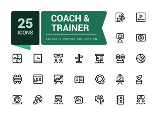 Coach and trainer icons set. Outline set of coach vector icons for ui design. Outline icons pack. Editable vector line icon set and illustration for web and UI application.