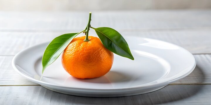 Ripe orange mandarin with leaves on a white square plate Ripe tangerin with leaves Creative AI