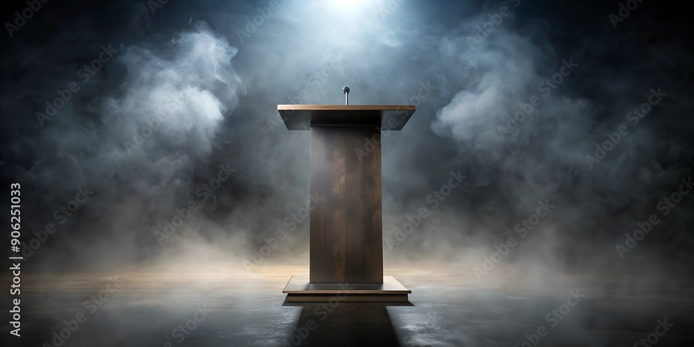 Poster an empty dark podium enveloped in swirling mist against a murky background generative ai