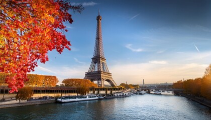 Obraz premium eiffel tour over Seine river with fall tree, Paris, France