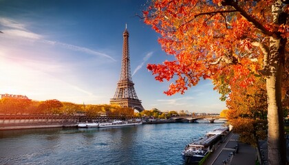 Obraz premium eiffel tour over Seine river with fall tree, Paris, France