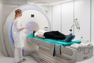 Medical CT or MRI Scan with a patient in the modern hospital laboratory. Interior of radiography...