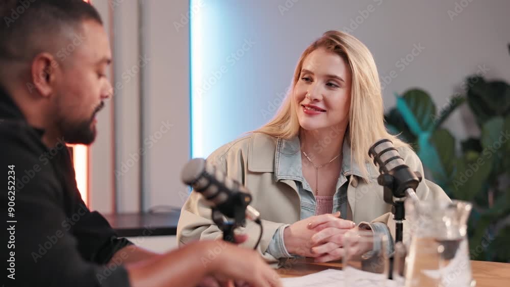 Poster podcast, interview and people for radio broadcast, conversation and discussion for talk show. presen