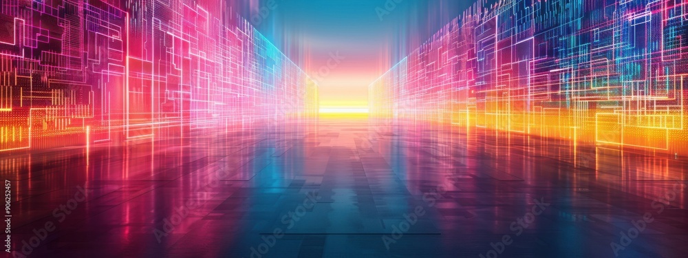Poster animation of artistic platforms evolving through digital technologies, depicted in an abstract galle