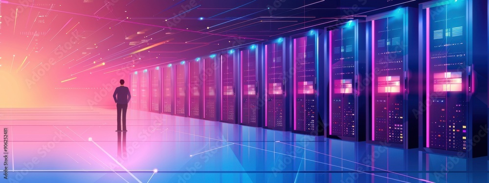 Poster animation of server farms and their role in global data management, featuring a high-tech facility w