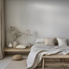 Aesthetic elegant minimalist japandi interior design. Clear mock up empty wall for decoration. Copy space. Neutral palette of natural colors.
