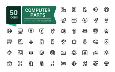 Computer Parts and PC Hardware and accessories icons set. Set of computer parts, CPU, GPU, SSD, PC Case, mouse, keyboard. Simple editable vector stroke illustration.