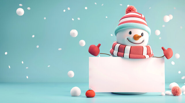 A cute snowman wearing a striped hat and scarf smiles warmly while holding a large blank banner against a blue background