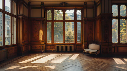 A sun-drenched room with large windows and wooden walls. The room has a single chair in the corner and a large window overlooking a tree-lined street.