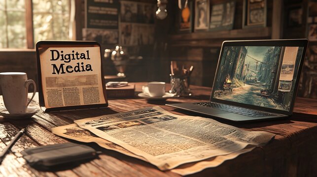 A vintage newspaper with the headline Digital Media displayed on a modern laptop screen, blending old and new media concepts.