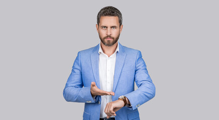 Businessman late for business deadline. Time management. Punctual man check time on watch being...