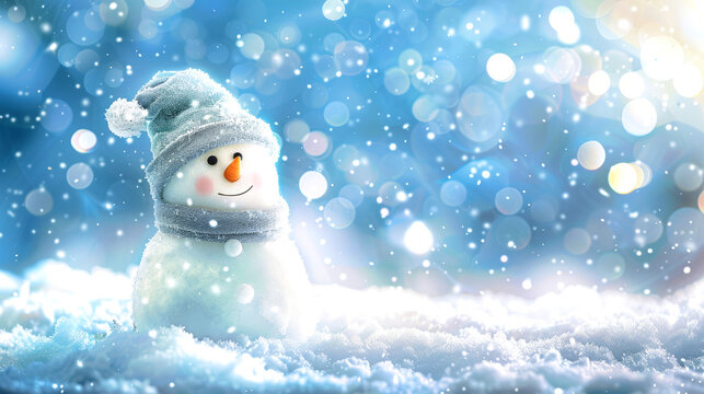 A snowman with a white hat and scarf smiles brightly amidst a snowy landscape, bokeh lights, and falling snow