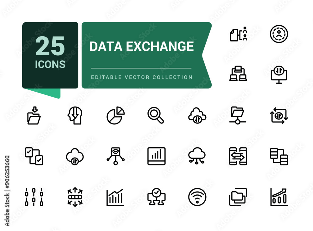 Poster set of line icons related to data exchange, traffic, files, cloud, server. minimalist thin linear we