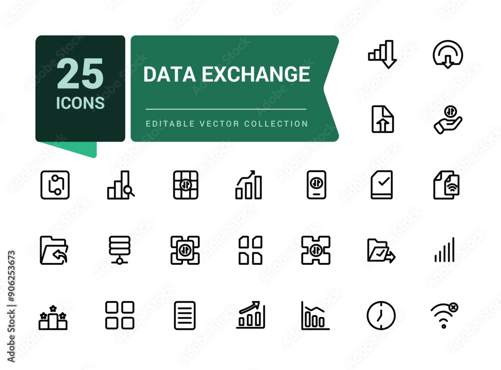Poster set of line icons related to data exchange, traffic, files, cloud, server. minimalist thin linear we