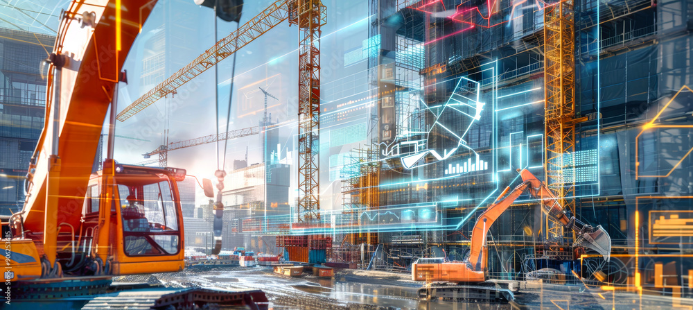 Poster a futuristic construction site with excavators and a crane, overlaid with digital screens displaying