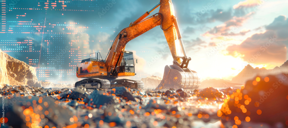 Poster a large excavator digs through a field of rocks, illuminated by the setting sun. data visualization 