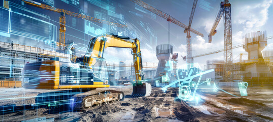 An excavator works diligently on a bustling construction site, while holographic data overlays and project management icons provide real-time insights into the progress