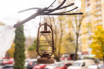 Vintage gasoline oil lantern. Travel Outdoor Concept image.