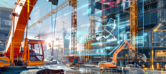 A futuristic construction site with excavators and a crane, overlaid with digital screens displaying data visualizations and augmented reality elements