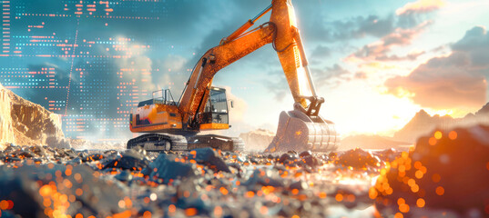 A large excavator digs through a field of rocks, illuminated by the setting sun. Data visualization overlays in orange tones depict graphs and numbers