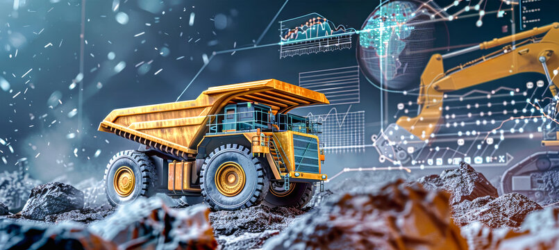A yellow dump truck operates amidst a digital twin overlay, showcasing the power of data visualization in modern construction - Powered by Adobe