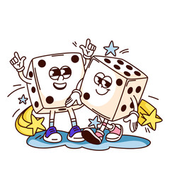 Groovy casino dices cartoon characters with happy smiles. Funny retro gambling table game cubes. Luck and win mascot, cartoon two white dices with dots sticker of 70s 80s style vector illustration