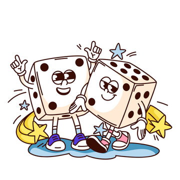recommend clip art: Groovy casino dices cartoon characters with happy smiles. Funny retro gambling table game cubes. Luck and win mascot, cartoon two white dices with dots sticker of 70s 80s style vector illustration