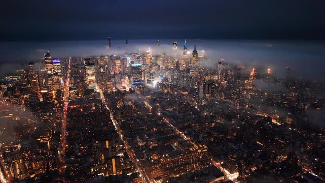 4K Aerial Photography of Urban Architecture Night Scene in Lower Manhattan, New York, USA America
